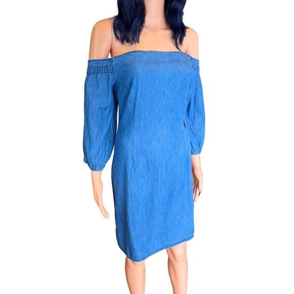 Warehouse Bardot Denim Bandeau Dress - Picture 3 of 8